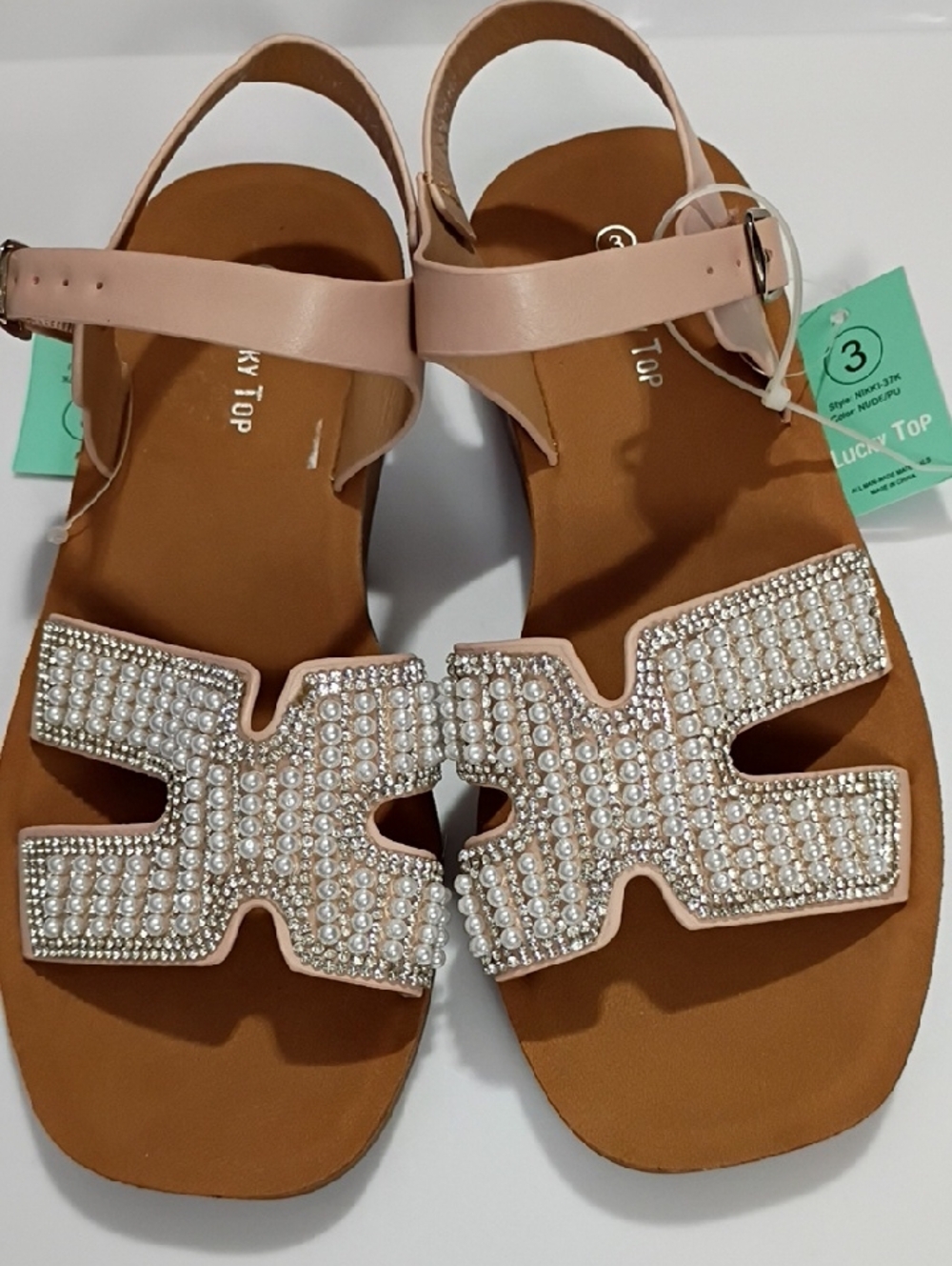 LUCKY TOP GIRLS Pearl-Embellished Rose Pink Slingback Sandals SIZE 3 NWT